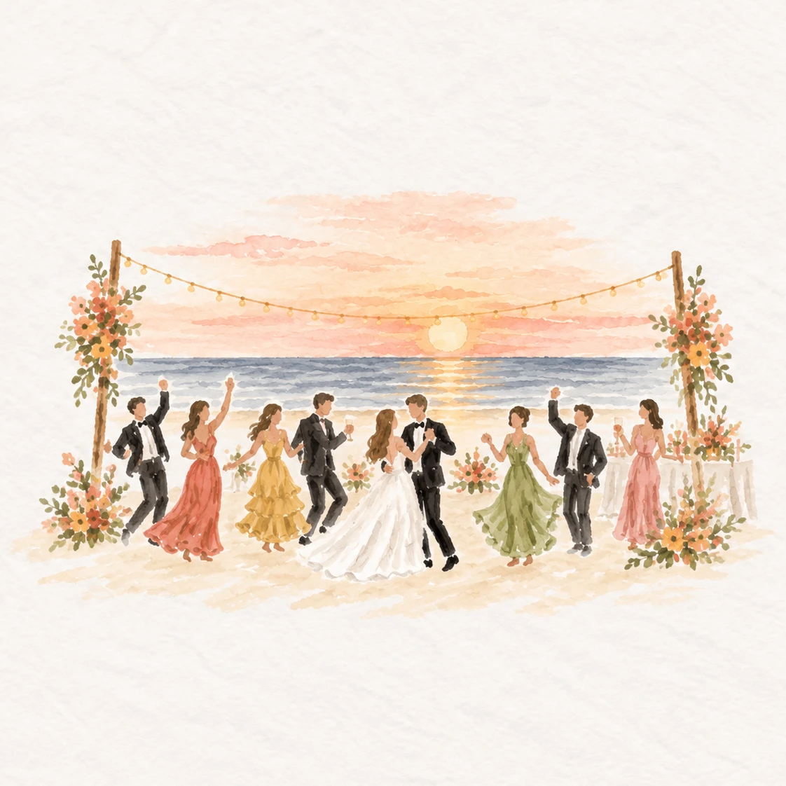 Watercolour illustration of a bride, groom and guests dancing on the beach at sunset